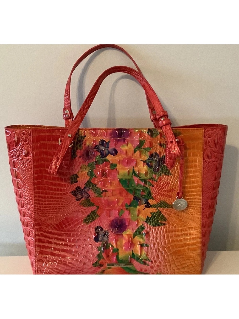 Brahmin Red & Orange Croc-Embossed Floral Tote April in Honolulu HTF
